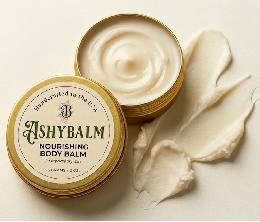 Two jars of Ashybalm nourishing body balm on a light background, best body butter, natural body cream near me, all natural skincare