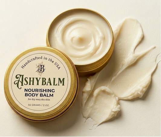 Two jars of Ashybalm nourishing body balm on a light background, best body butter, natural body cream near me, all natural skincare